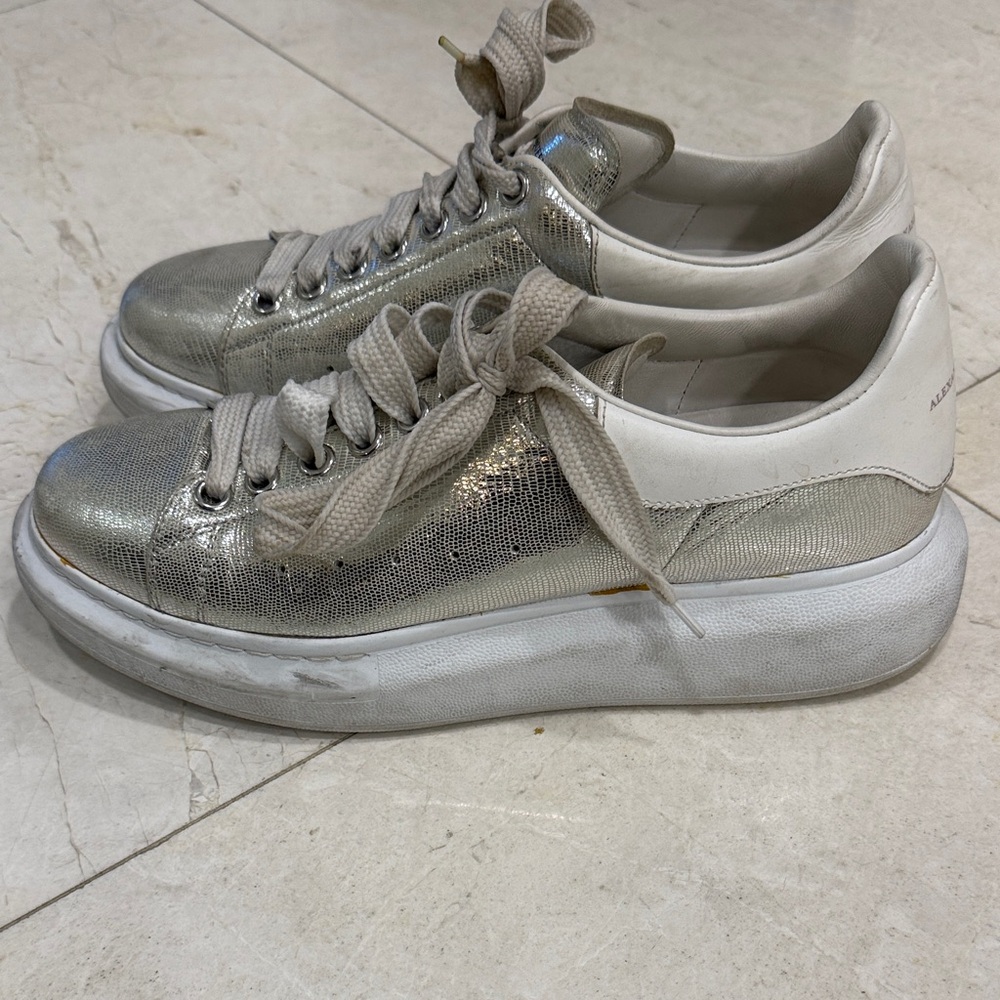 Alexander McQueen Silver and White Lace-Up Sneakers
